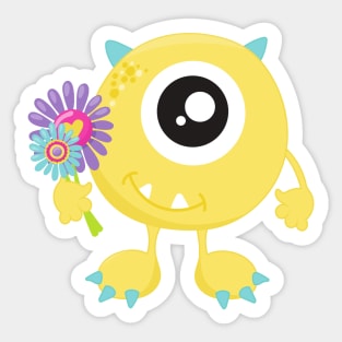 Spring Monster, Yellow Monster, Flowers, Horns Sticker